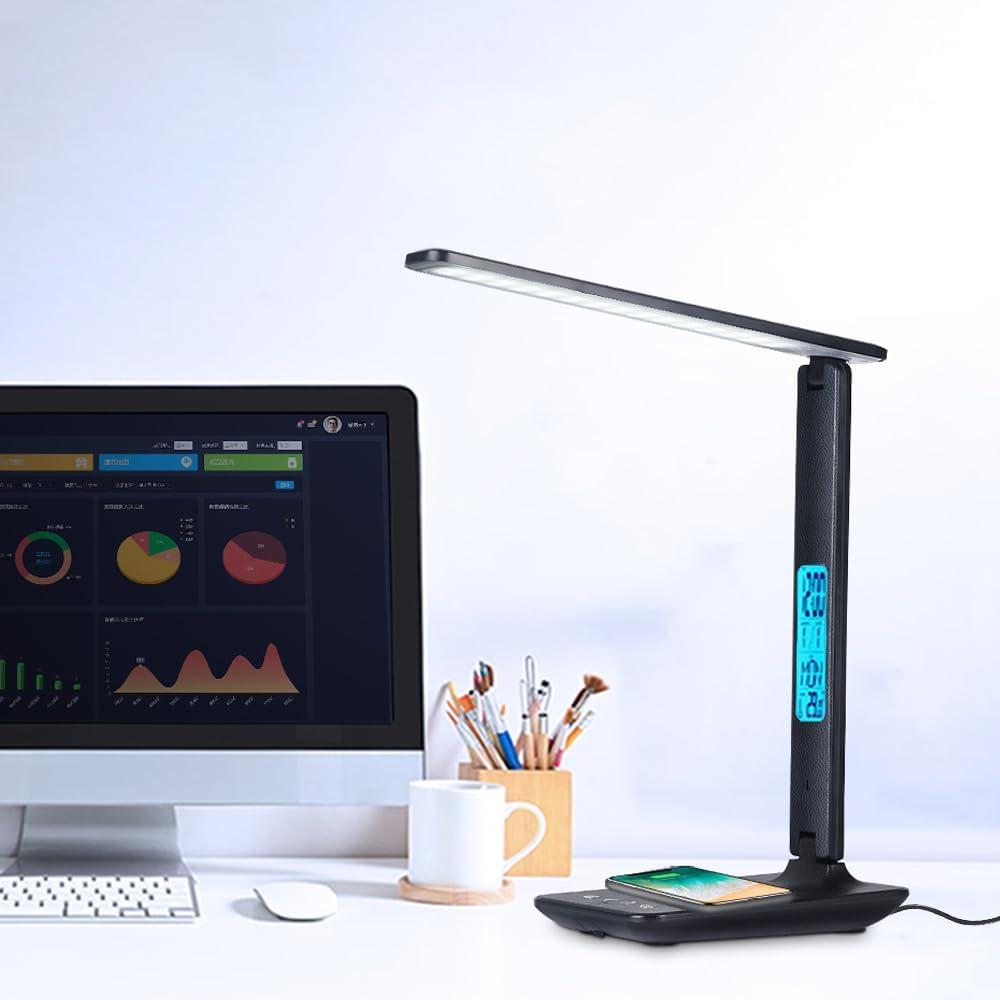 Black Multifunctional LED Desk Lamp with Wireless Charger and Clock