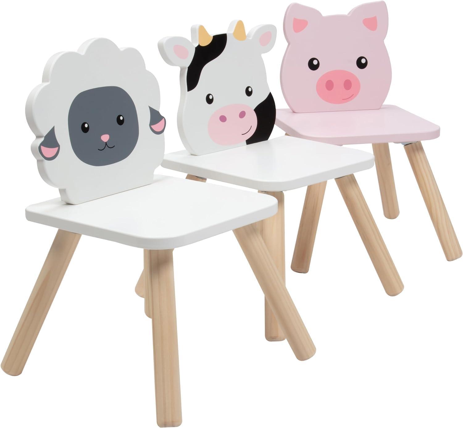 Kids Wooden Animal Table & Chair Set w 3 Seats (Cow Pig Sheep) & Adult Stool for Arts Crafts, Dining, Pretend Play- Durable Playroom Furniture for Home, Daycare, Classroom for Toddlers to Big Children