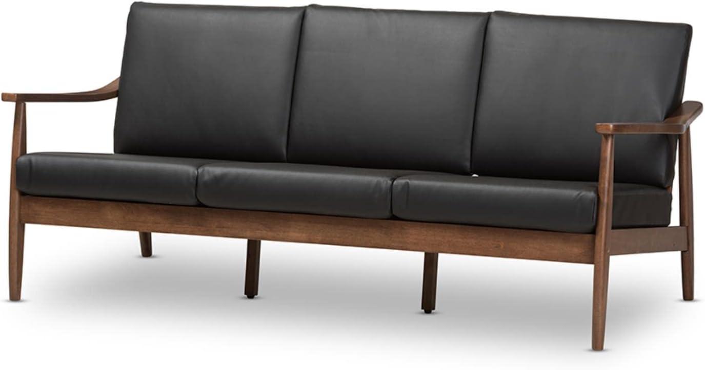 Venza Mid-Modern Walnut Wood Faux Leather 3 Seater Sofa Black - Baxton Studio: Rubberwood Frame, Tufted Back, 700lb Capacity