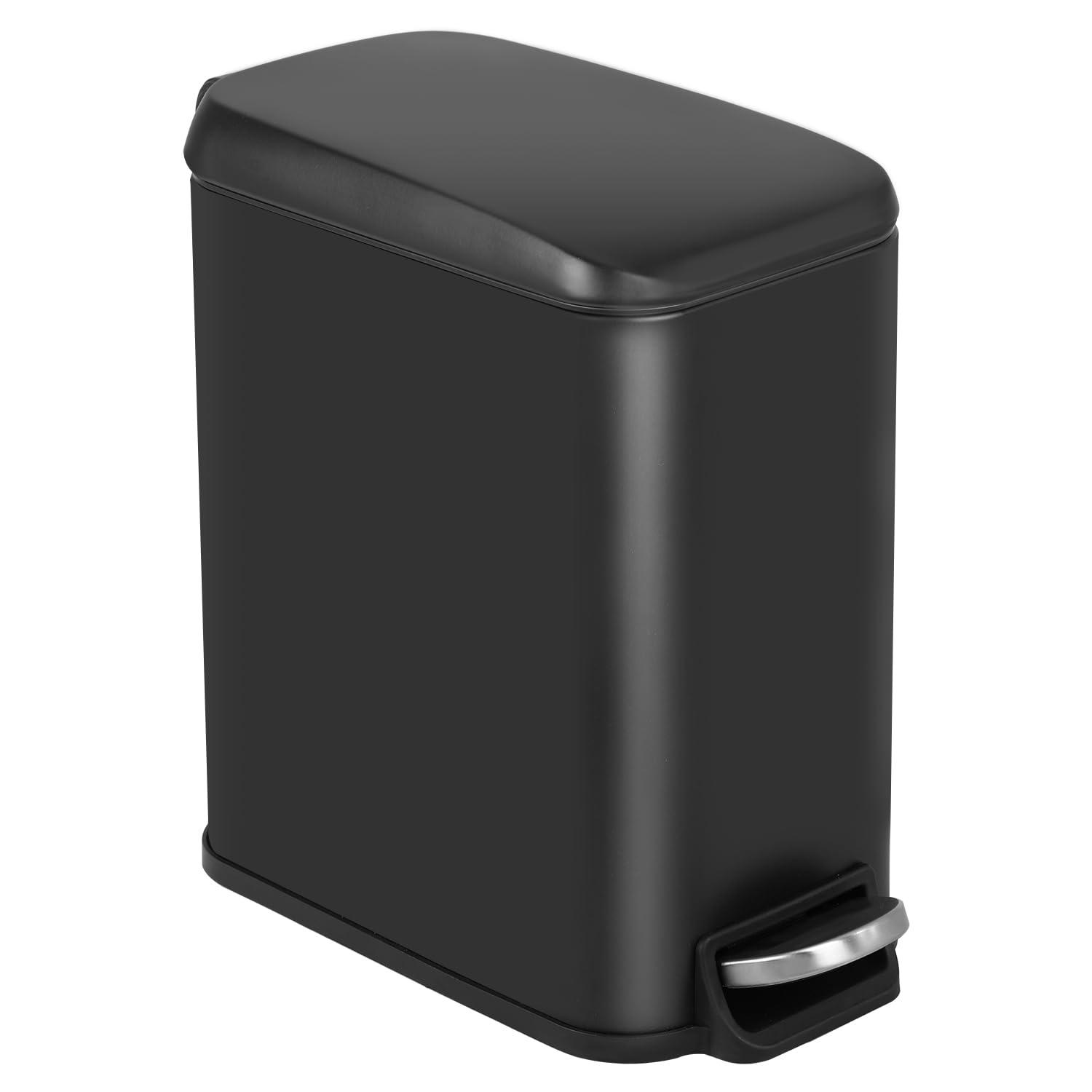 Black Rectangular Stainless Steel Pedal Trash Can with Quiet Close Lid