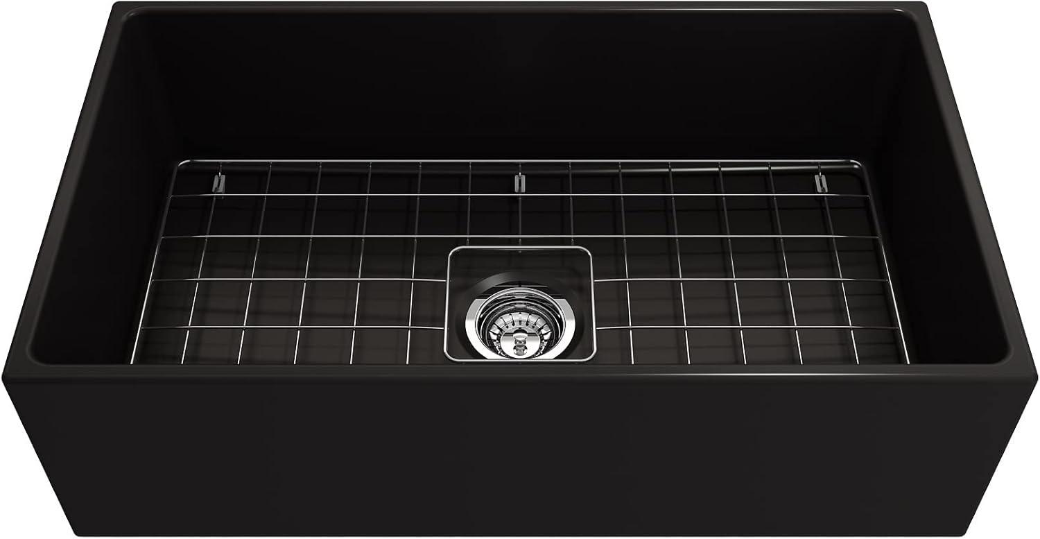 BOCCHI Contempo Farmhouse Apron Front Fireclay 33 in. Single Bowl Kitchen Sink with Protective Bottom Grid and Strainer in Matte Gray