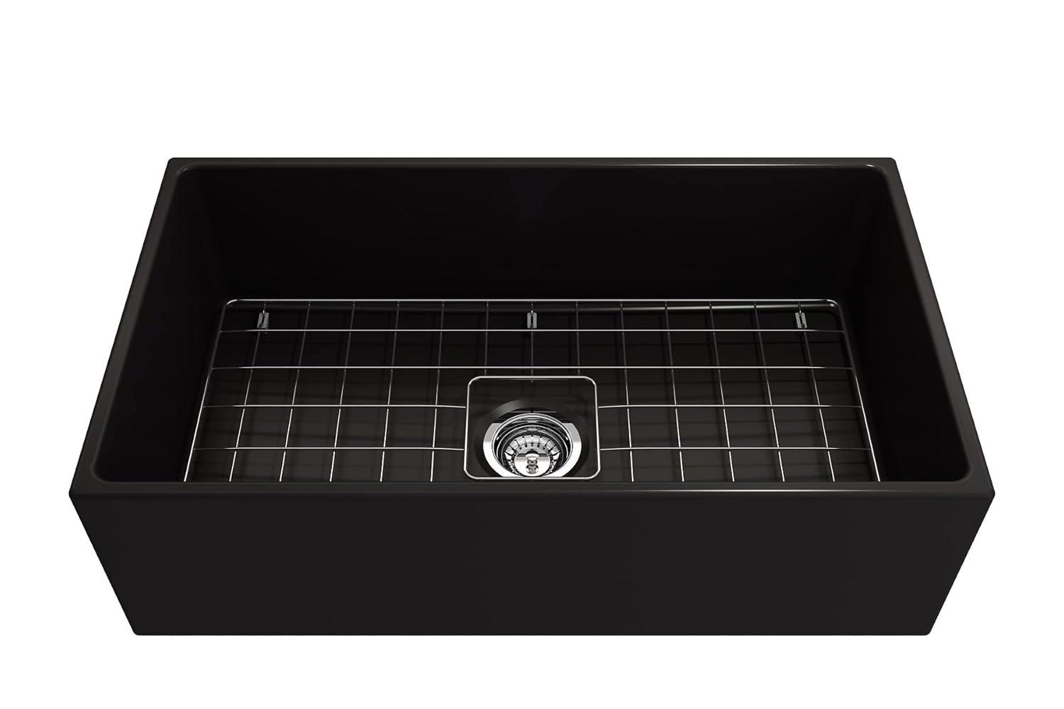 BOCCHI Contempo Farmhouse Apron Front Fireclay 33 in. Single Bowl Kitchen Sink with Protective Bottom Grid and Strainer in Matte Gray
