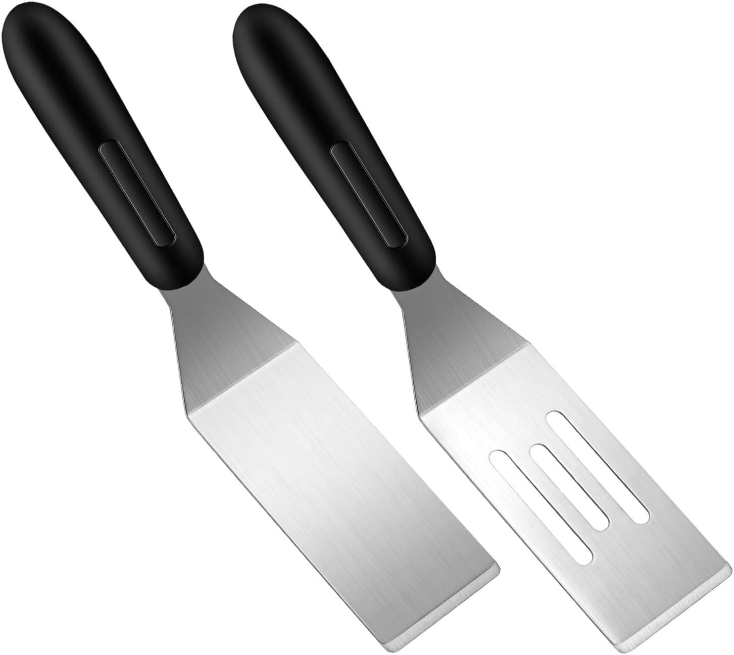 2 Pieces Small Spatula Set, Stainless Steel Mini Serving Spatula for Kitchen Use, Flipping or Cooking for Brownie, Cookie, Lasagna, Pancakes & Cake(Black+Silver)