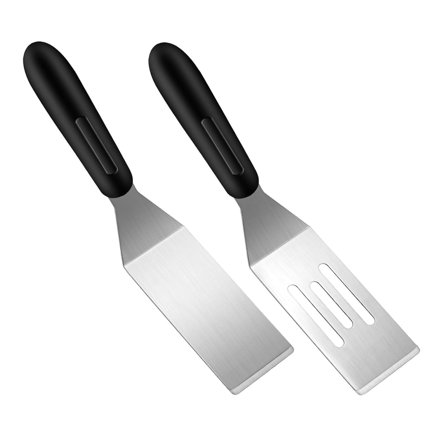 2 Pieces Small Spatula Set, Stainless Steel Mini Serving Spatula for Kitchen Use, Flipping or Cooking for Brownie, Cookie, Lasagna, Pancakes & Cake(Black+Silver)