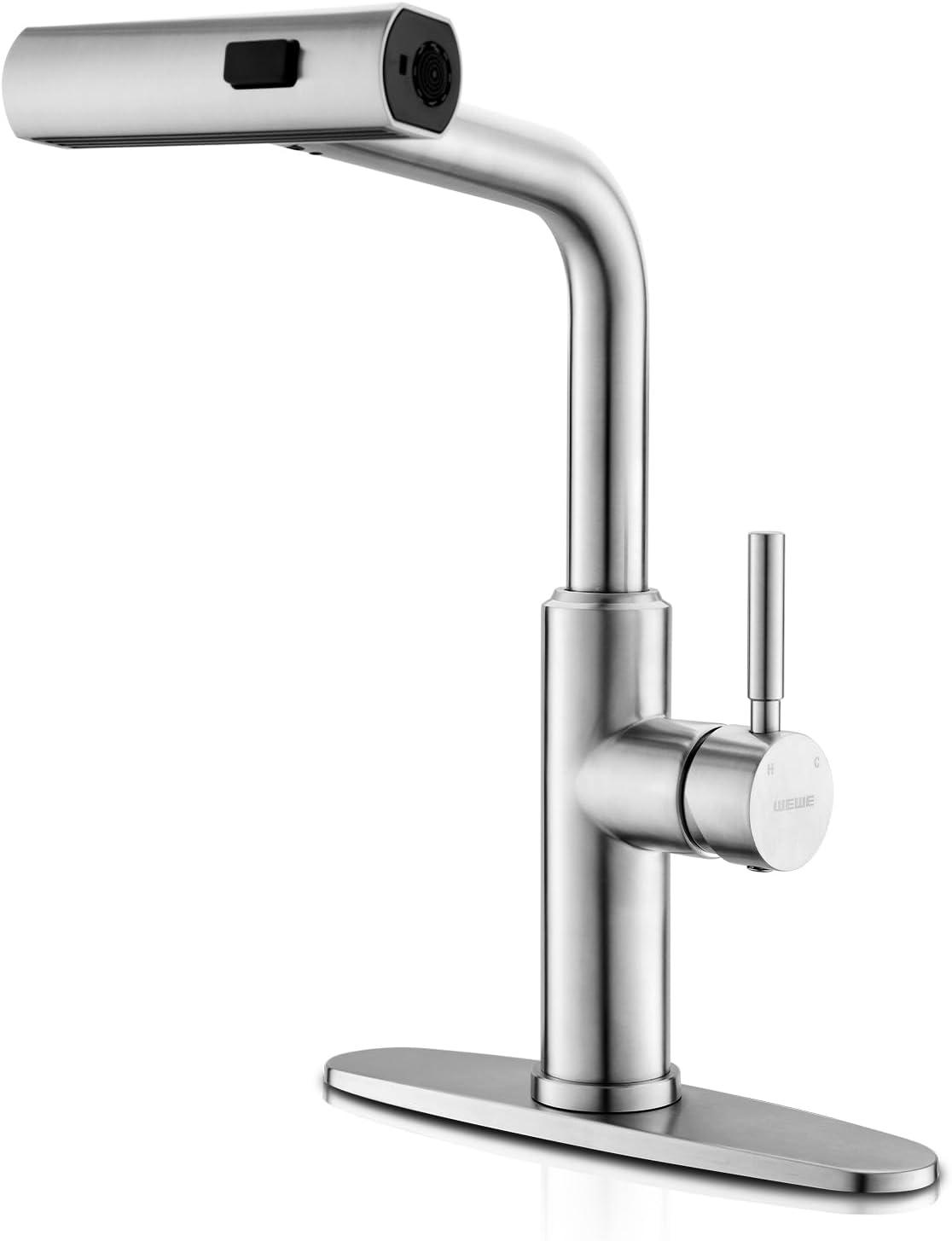 Luxury Waterfall Kitchen Faucet - Brushed Nickel Single Hole Sink Faucet with 3-Mode Pull-Out Sprayer, 360° Swivel, SUS304 Stainless Steel, High Arc, Easy Installation, Durable and Corrosion-Resistant