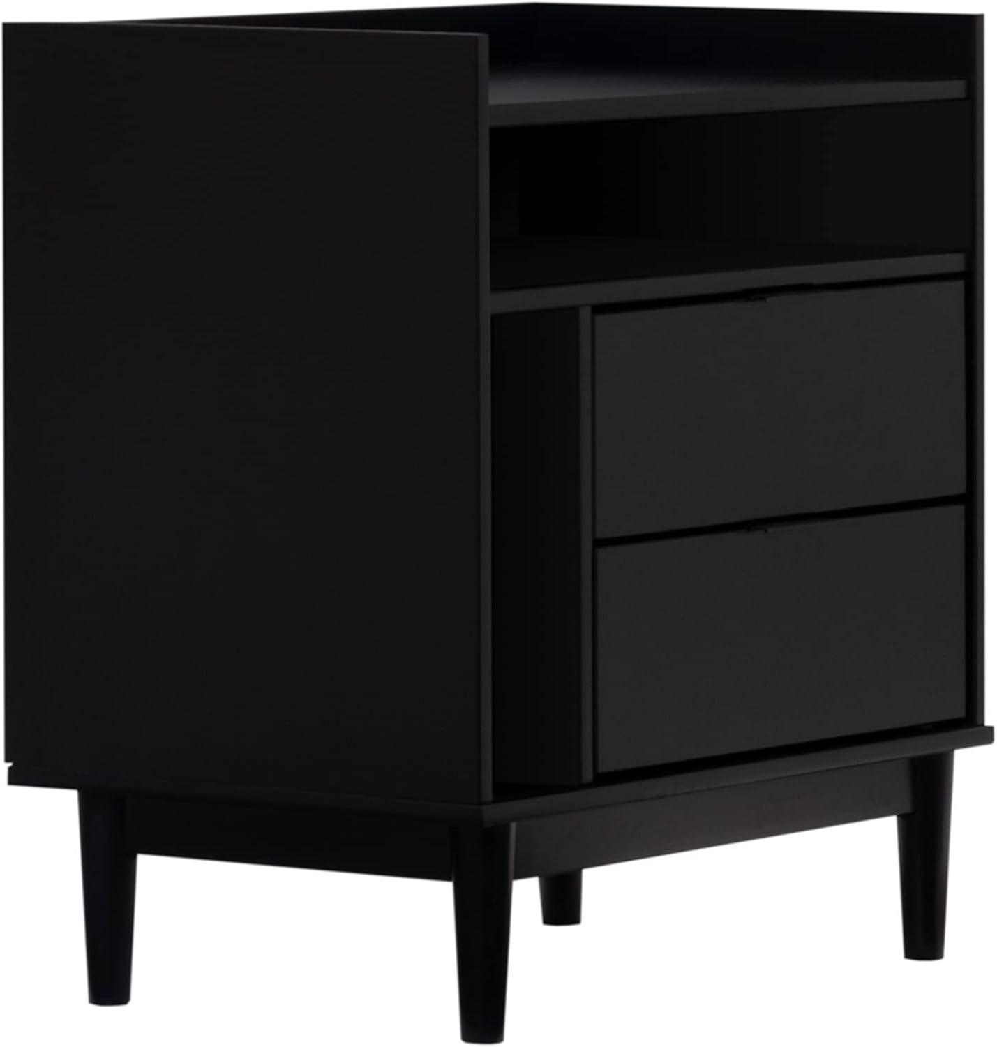 Black Mid-Century Modern 2-Drawer Pine Wood Nightstand