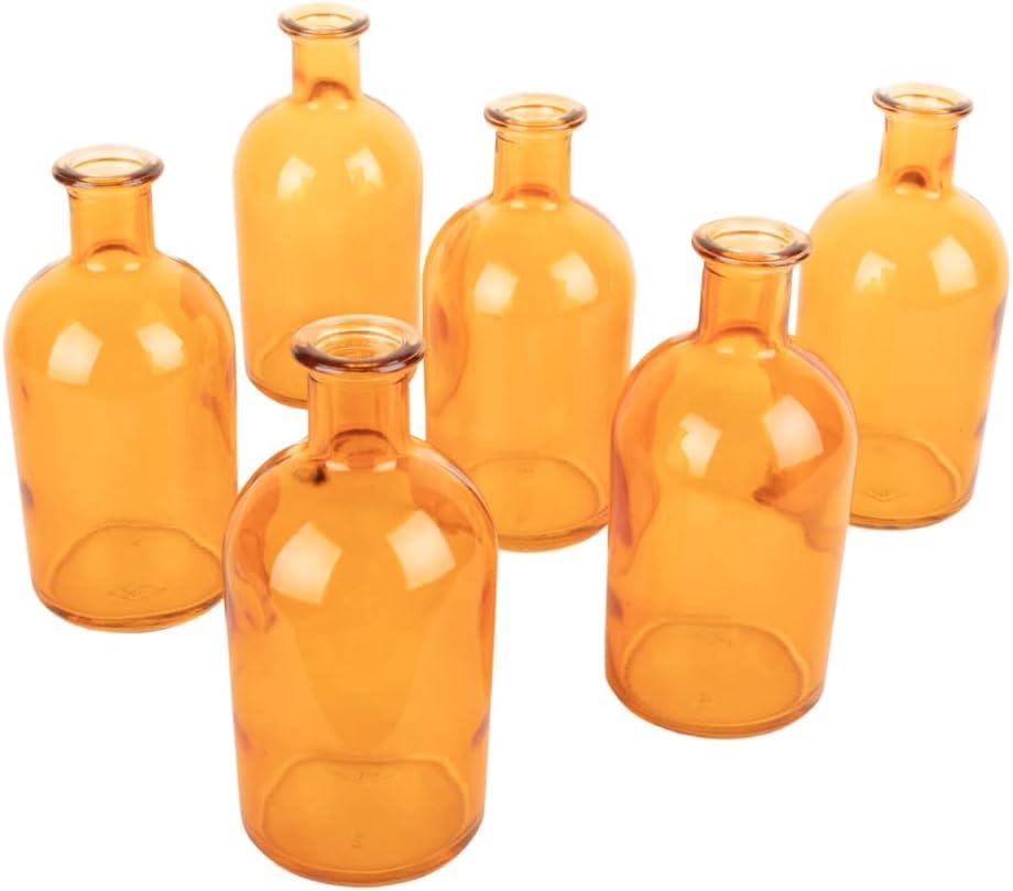 Koyal Wholesale Glass Bud Vases, Small Apothecary Bottles, Bulk Decorative Jars, Vintage Centerpieces, Amber, Set of 6