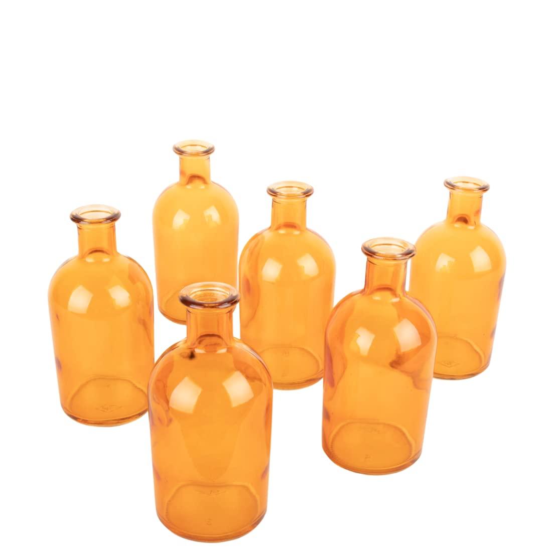Koyal Wholesale Glass Bud Vases, Small Apothecary Bottles, Bulk Decorative Jars, Vintage Centerpieces, Amber, Set of 6