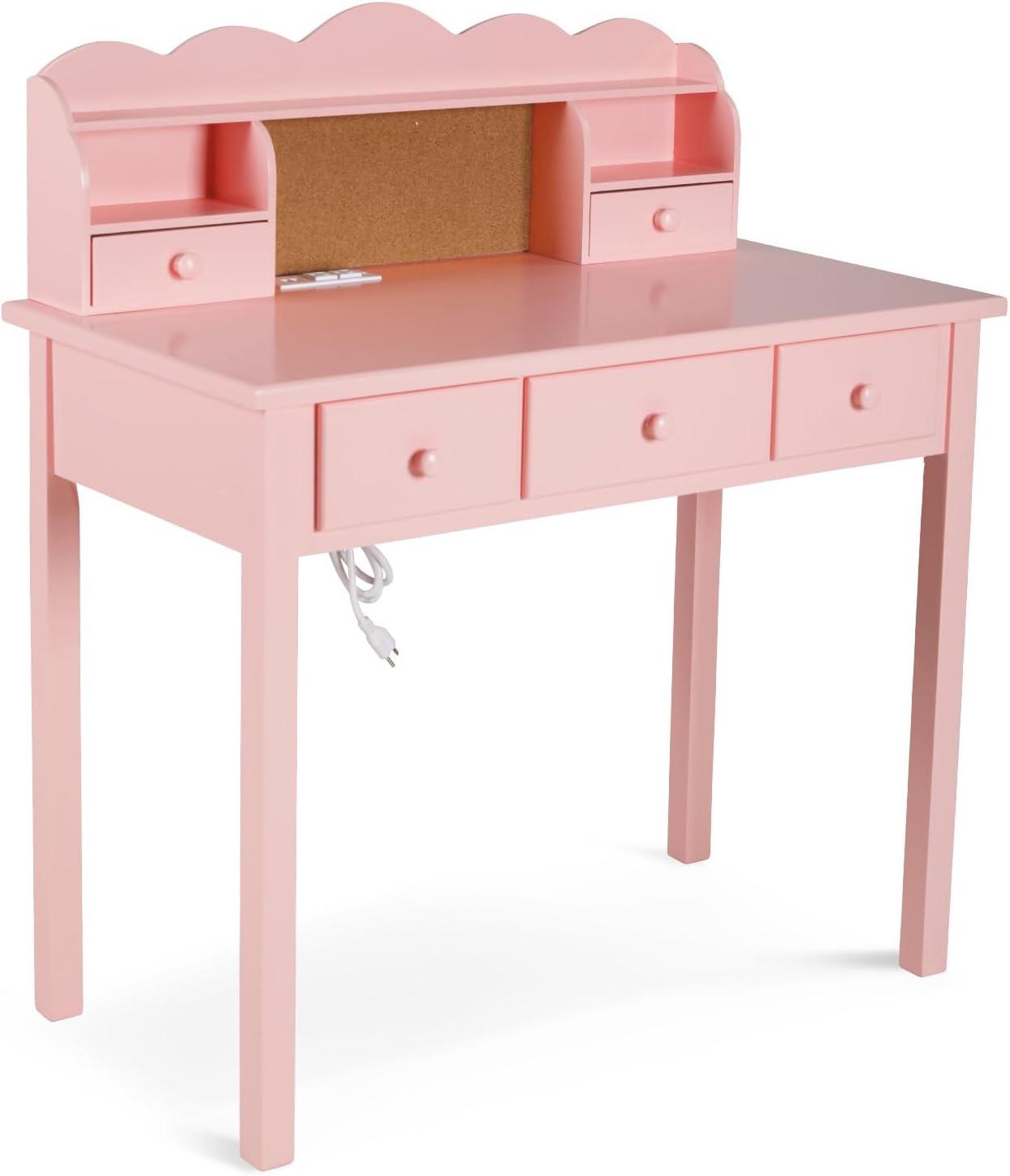 Pink Wooden Writing Desk with Hutch and Drawers