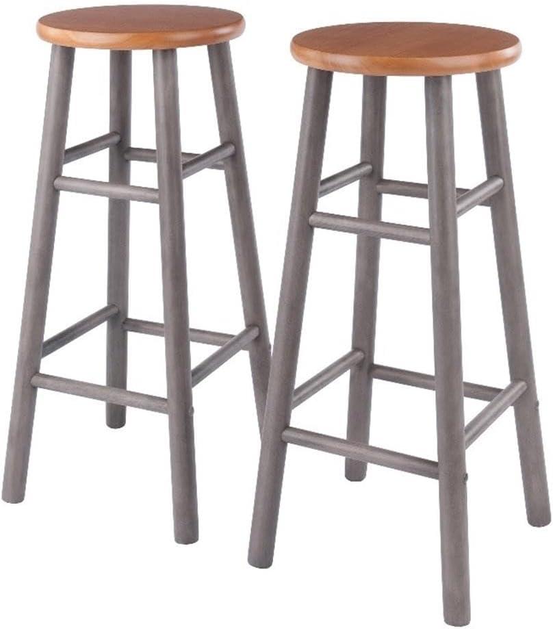 Transitional Gray and Teak Wood Backless Bar Stools, 29" Height