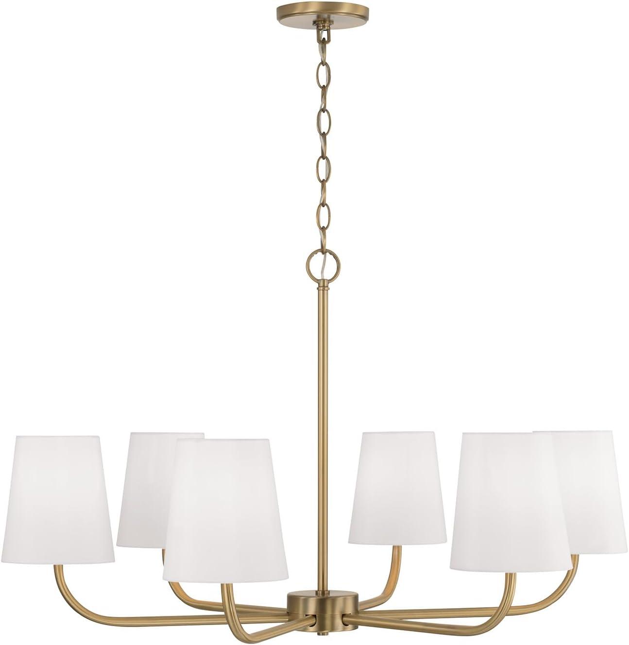 Aged Brass 6-Light Chandelier with White Fabric Shades