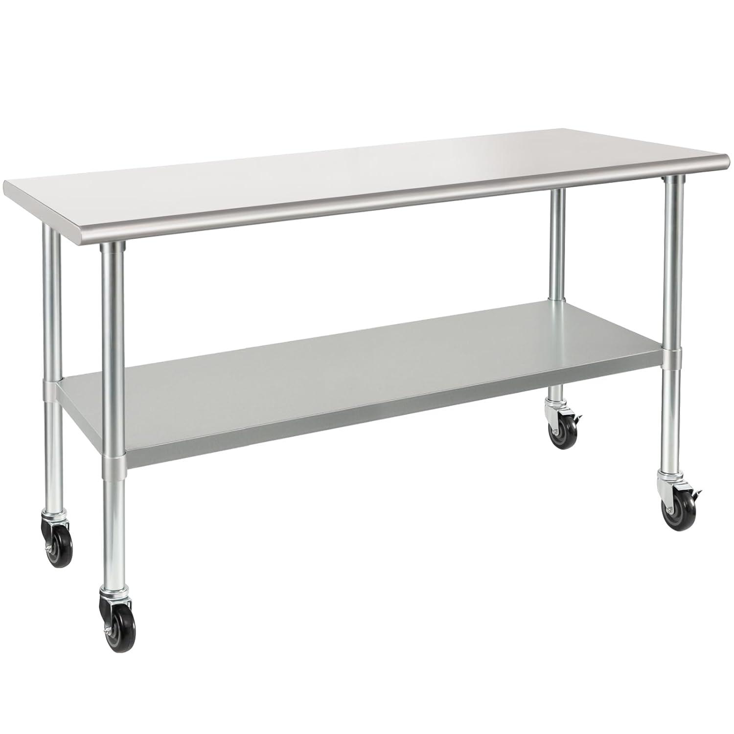 Stainless Steel Table with Wheels 24 x 60 Inches Metal Prep Table with Adjustable Undershelf for Commercial Kitchen, Outdoor, Restaurant, Hotel & Garage