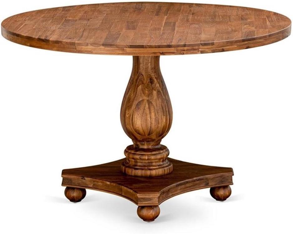 48 in. Irving Round Dining Table with Pedestal & Rustic Rubberwood Table - Sandblasting Antique Walnut