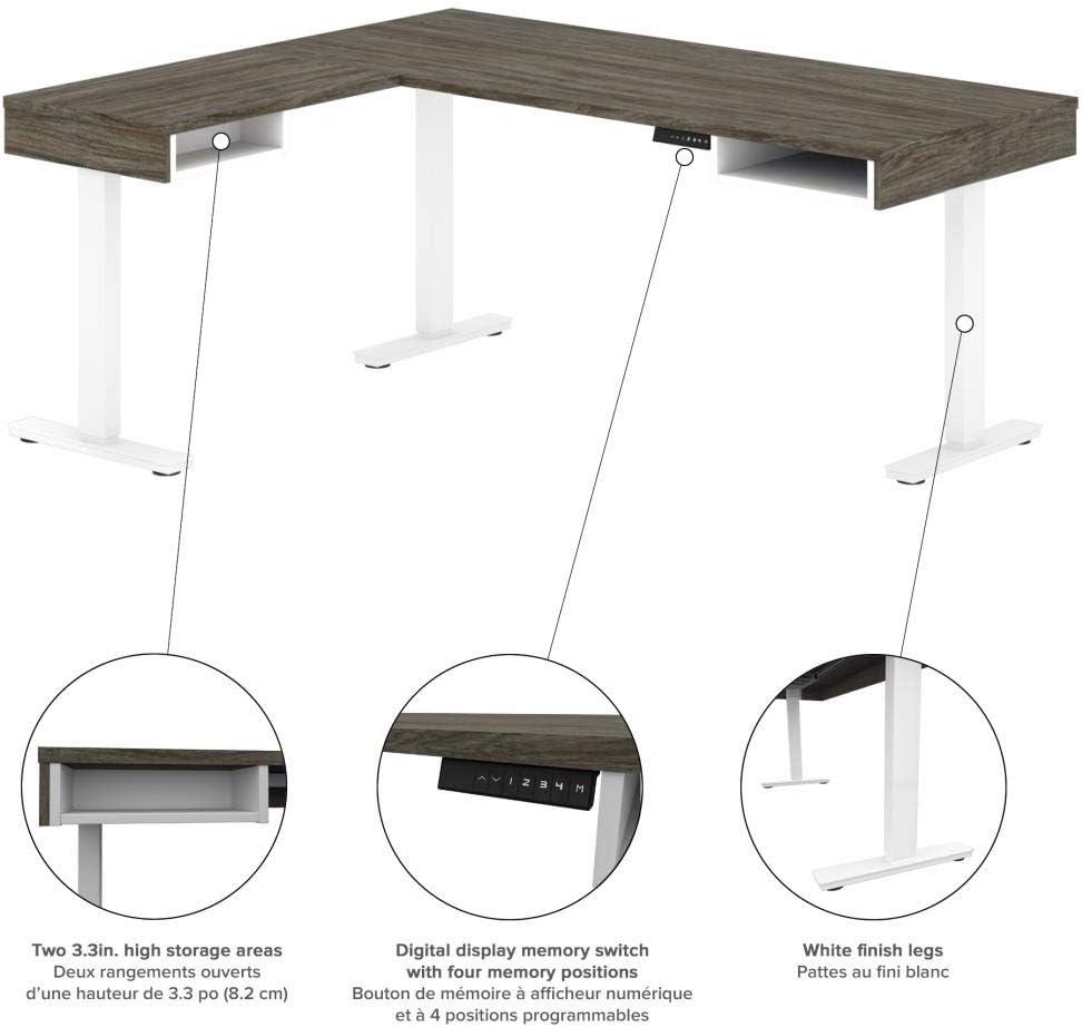 Bestar Pro-Vega L Shaped Adjustable Standing Desk in Walnut Gray and White