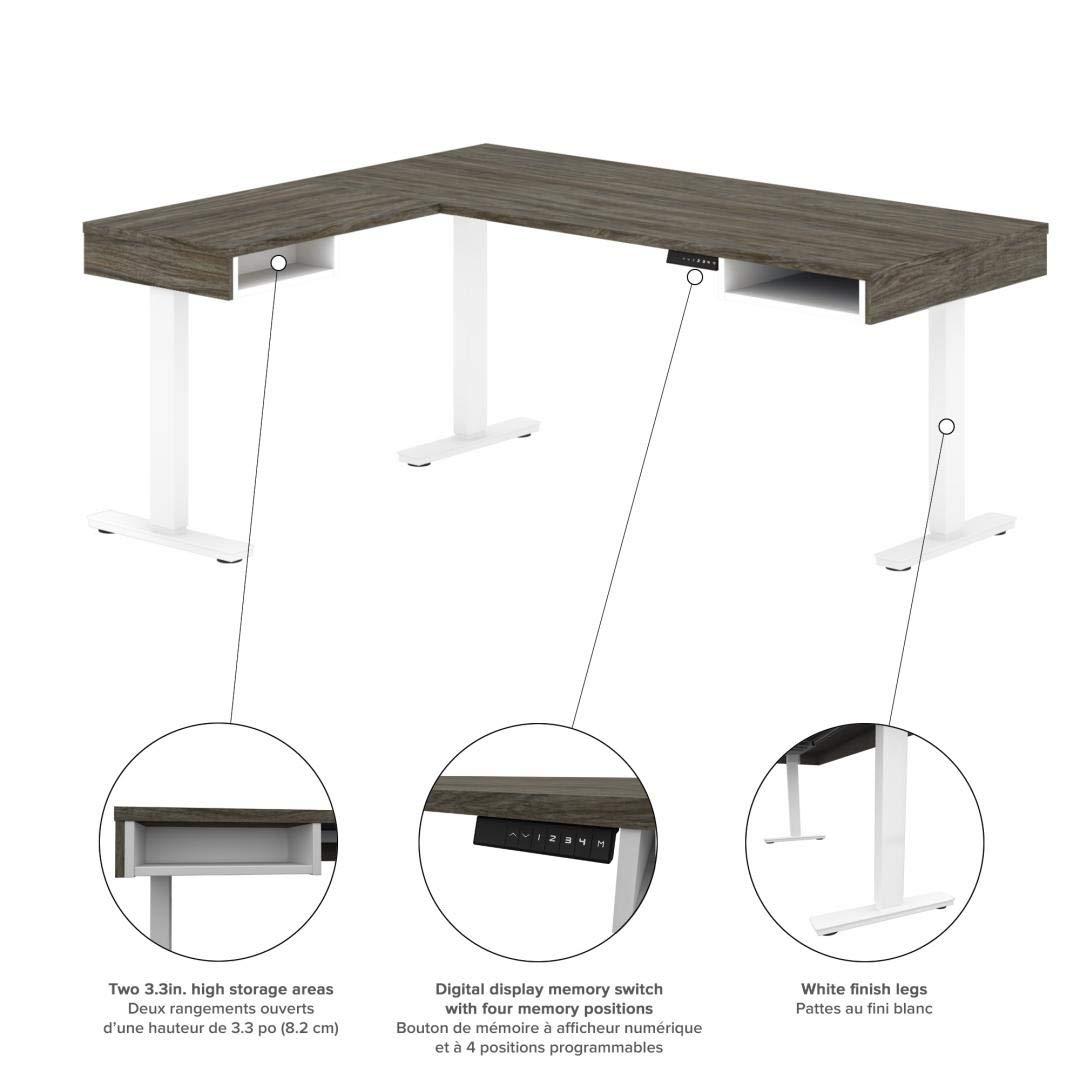 Bestar Pro-Vega L Shaped Adjustable Standing Desk in Walnut Gray and White