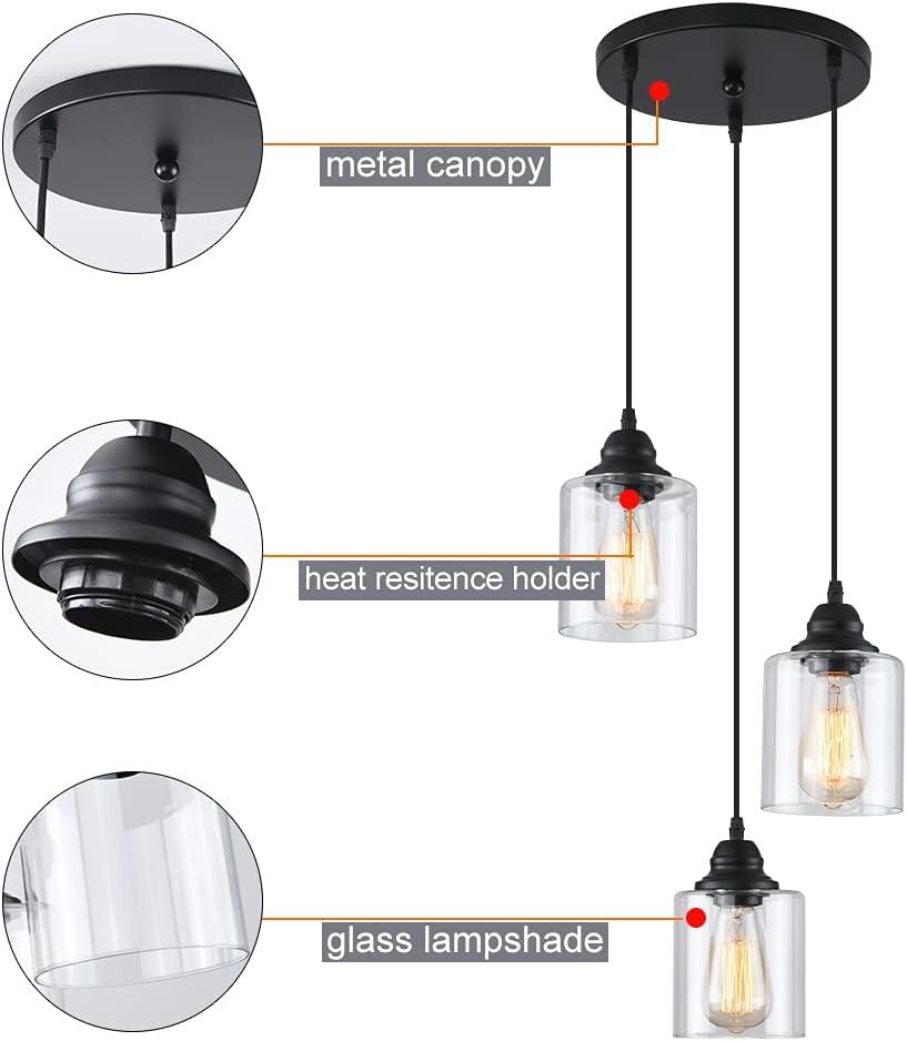 Black 3-Light Glass Shade Industrial Pendant Light