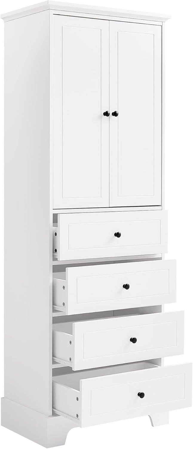 Hassch Tall Bathroom Storage Cabinet with 2 Doors and 4 Drawers, Freestanding Floor Cabinet with Adjustable Shelves, Large Wood Linen Cabinet for Bathroom, Kitchen, Living Room Storage (White)