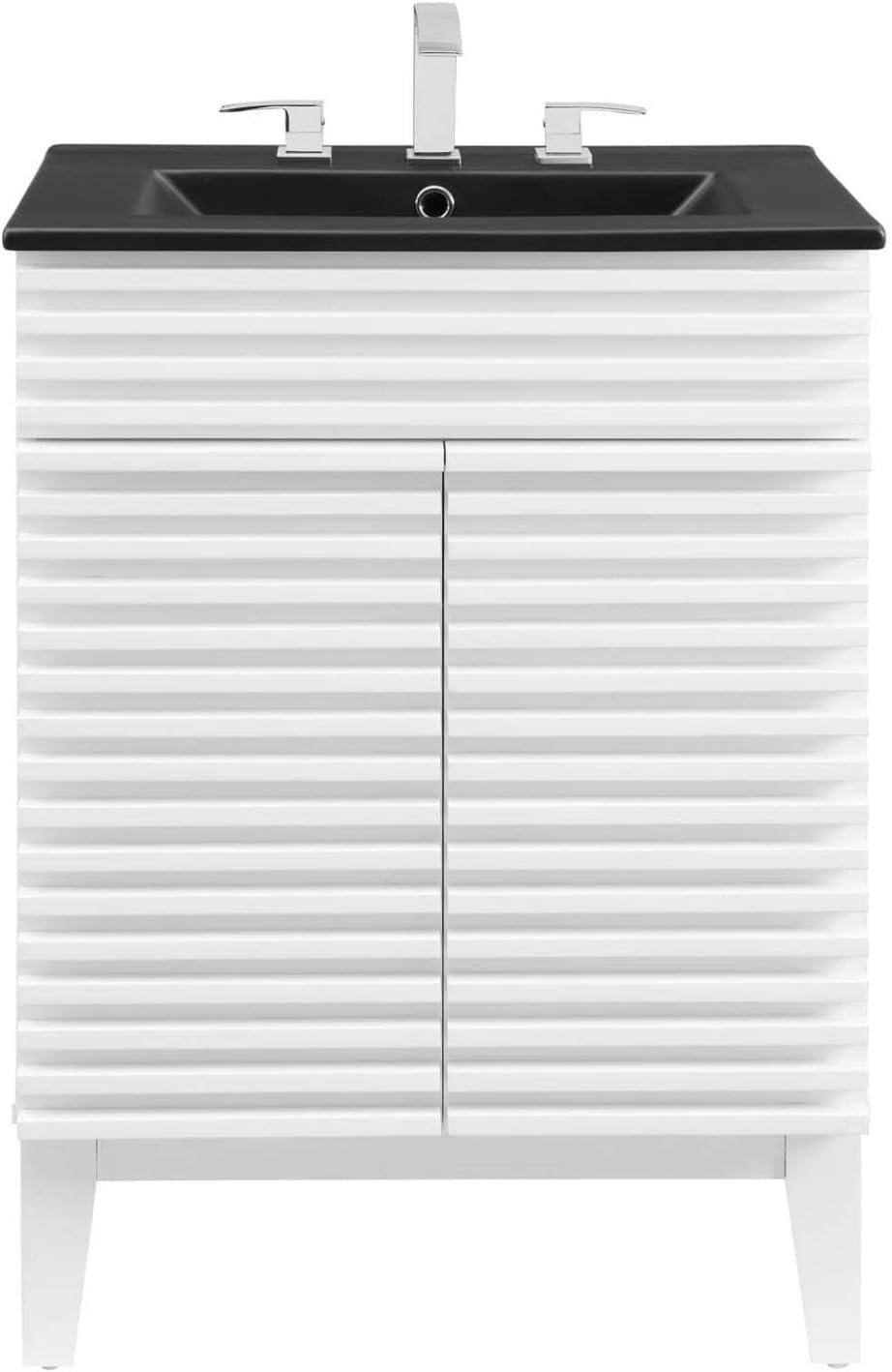 Modway 24 Inch Modern White Black Wood Bathroom Vanity with Sink and Floor Cabinet