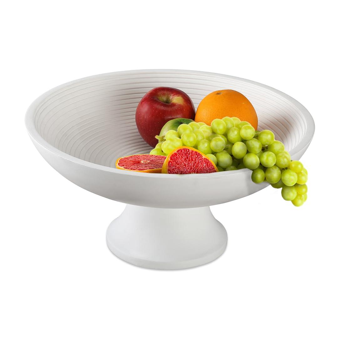 White Round Mango Wood Fruit Bowl for Serving and Decor