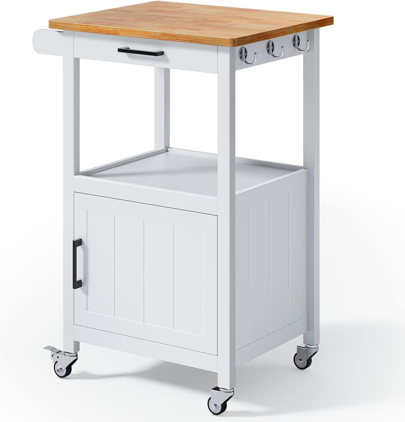 Gymax Small Kitchen Island on Wheels Mobile Trolley Cart Barn Door Drawer Hooks White