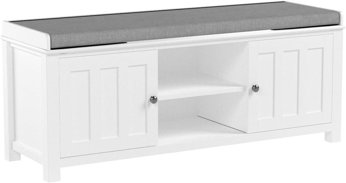 White MDF Storage Bench with Gray Cushion and Adjustable Shelves