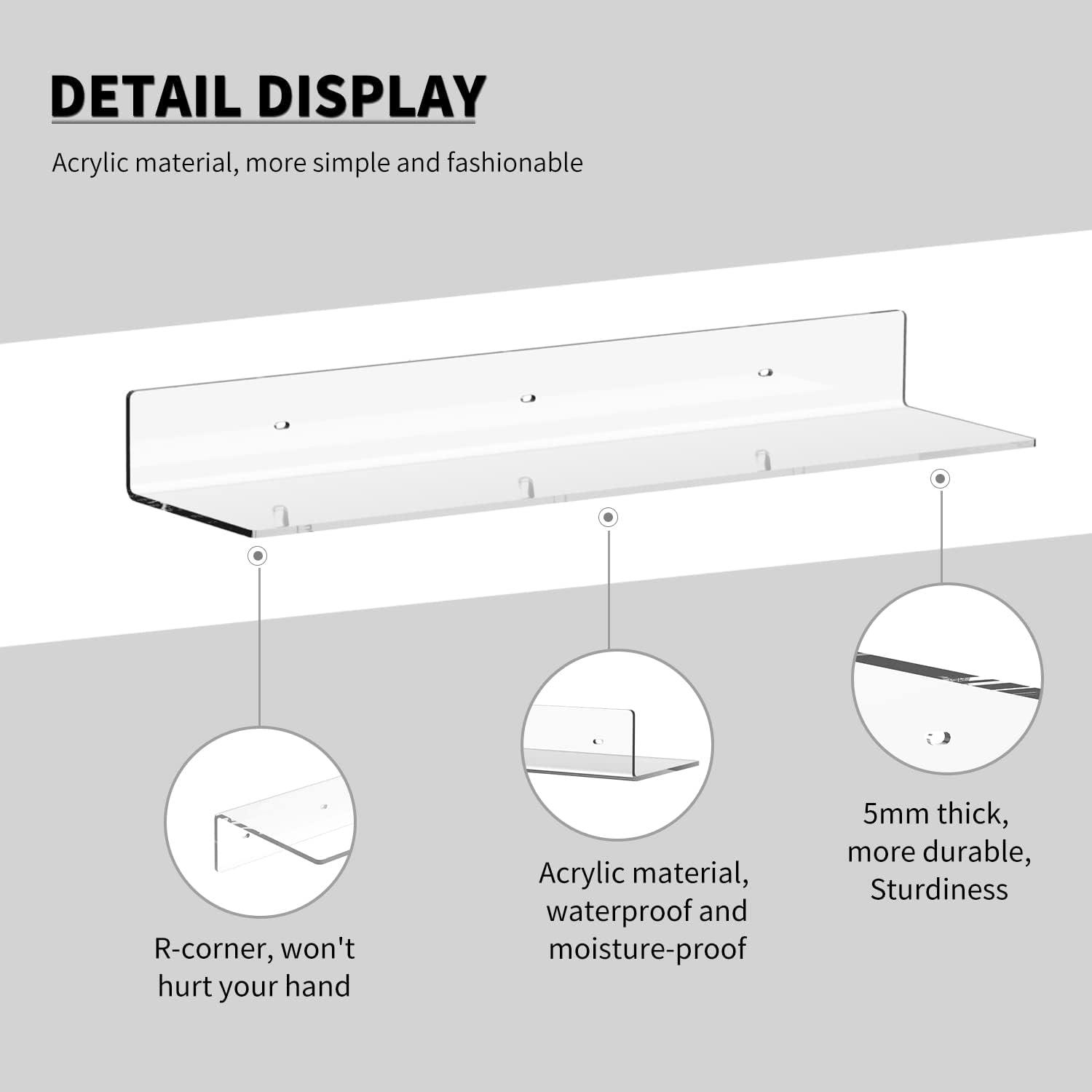Acrylic Wall Shelves 36 24 12 Inches, Clear Floating Shelf for Wall, Wall Mounted Display Shelves for Plants, Radio, Funko Pop, Stuffed Animal, Books, Clock, Cosmetics, Toiletries