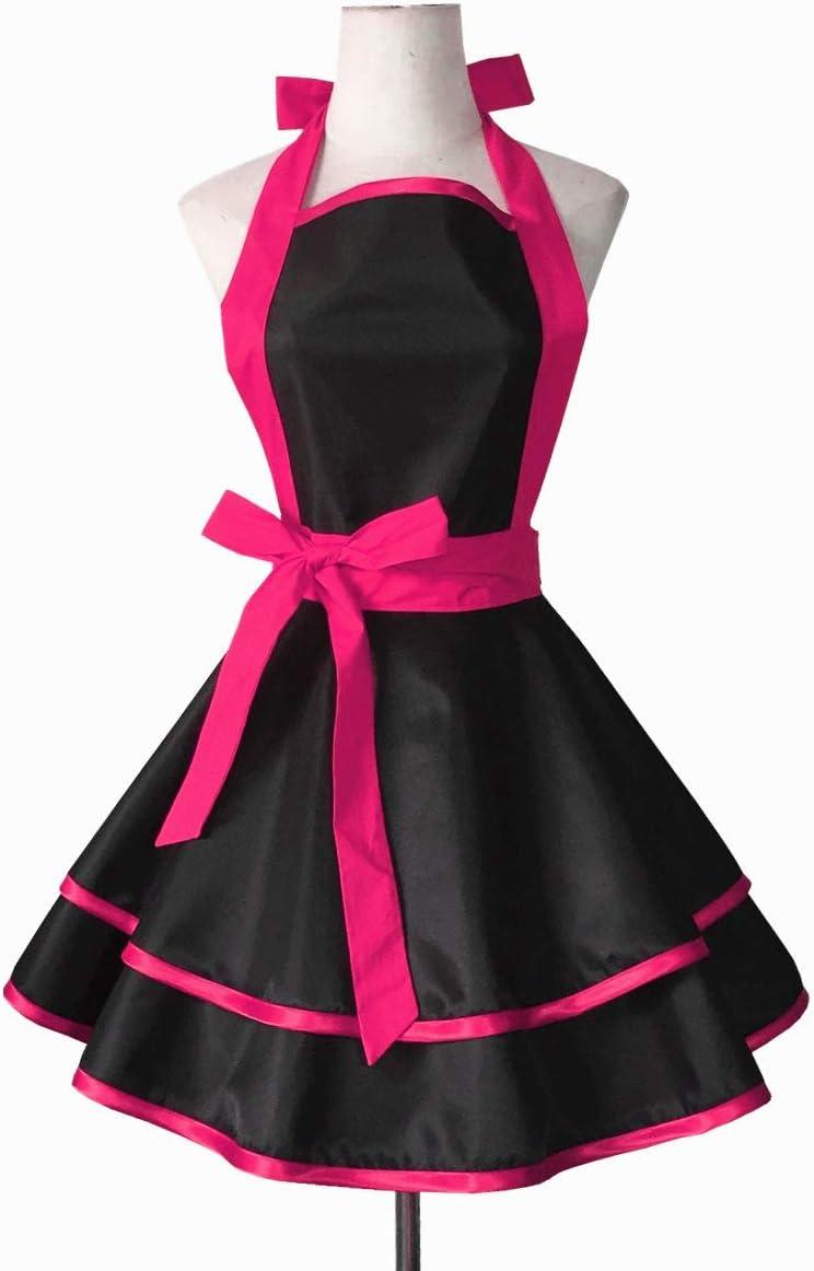 Hyzrz Lovely Handmade Cotton Retro Black Aprons for Women Girls Cake Kitchen Cook Apron for Mother's Gift (Red Rose)