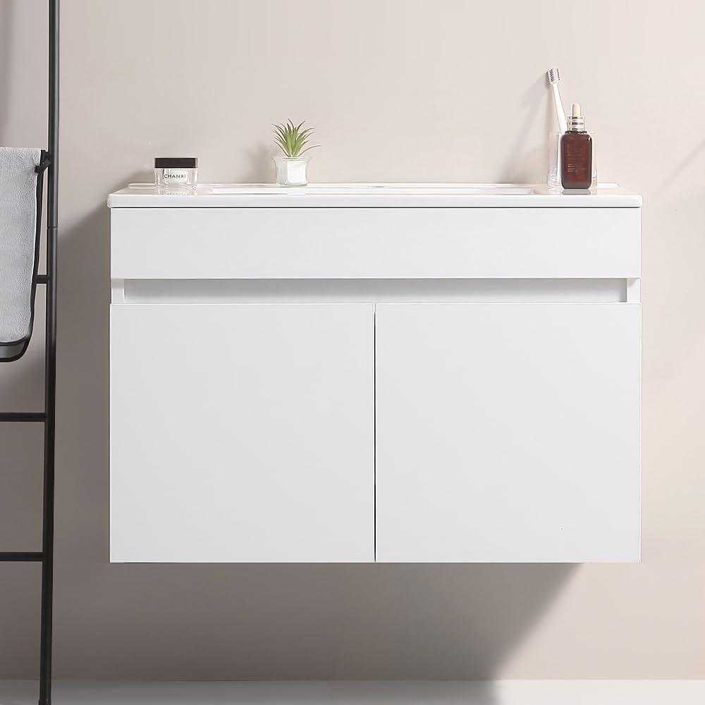 Rugerasy 36 Inch Bathroom Vanity With Top Sink, Wall Mounted Floating Vanity Bathroom White Ceramic Basin, 2 Soft Close locker WoodenDoors, Excluding Faucets