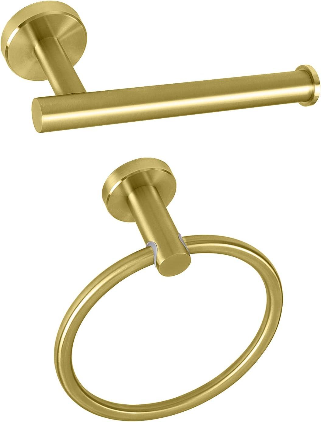 Chihod Toilet Paper Holder & Towel Ring Brushed Gold Hand Towel Holder 2-Pieces Bathroom Accessories Towel Rack Wall Mounted Bathroom Hardware Set Stainless Steel C38