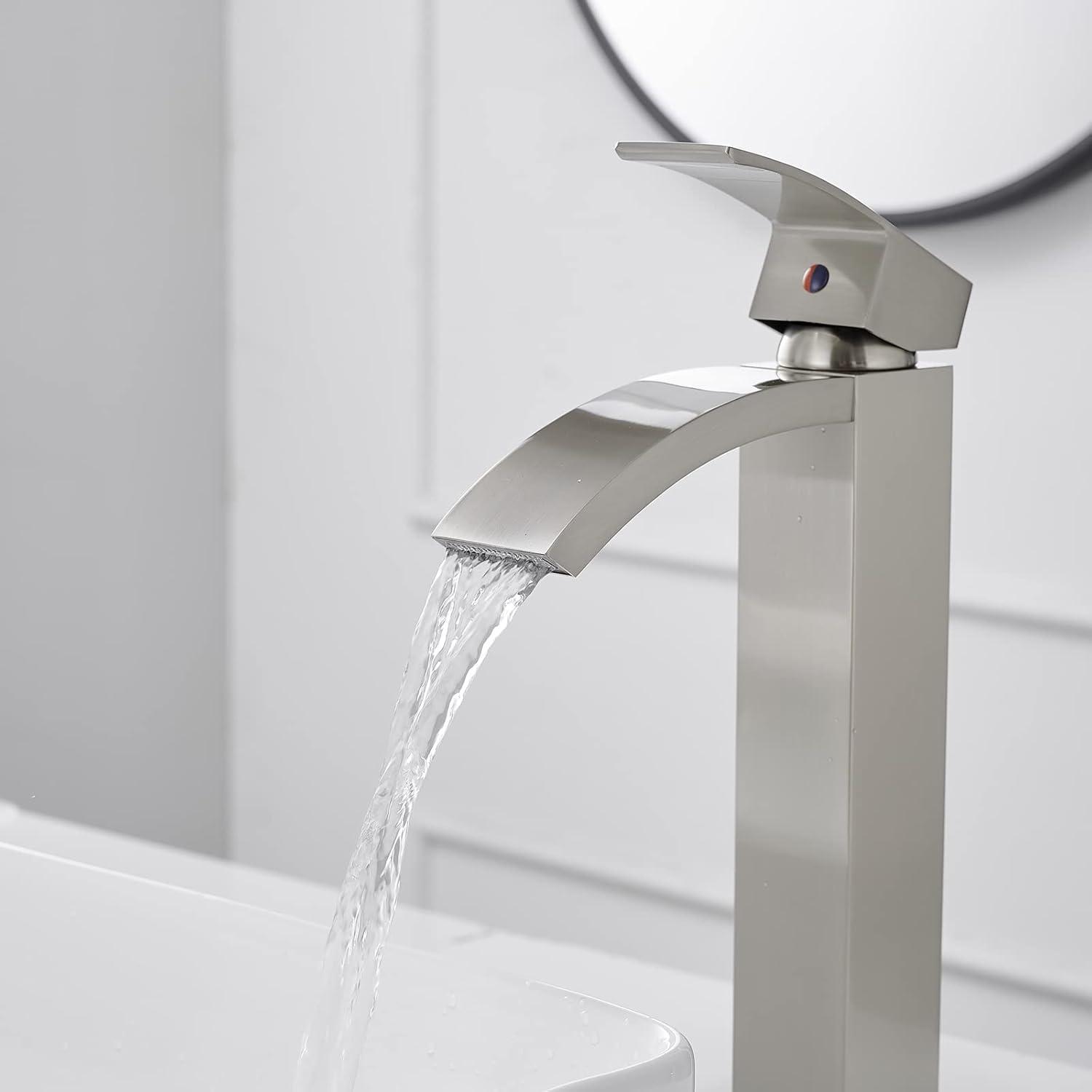 Brushed Nickel Tall Waterfall Bathroom Sink Faucet with Pop Up Drain