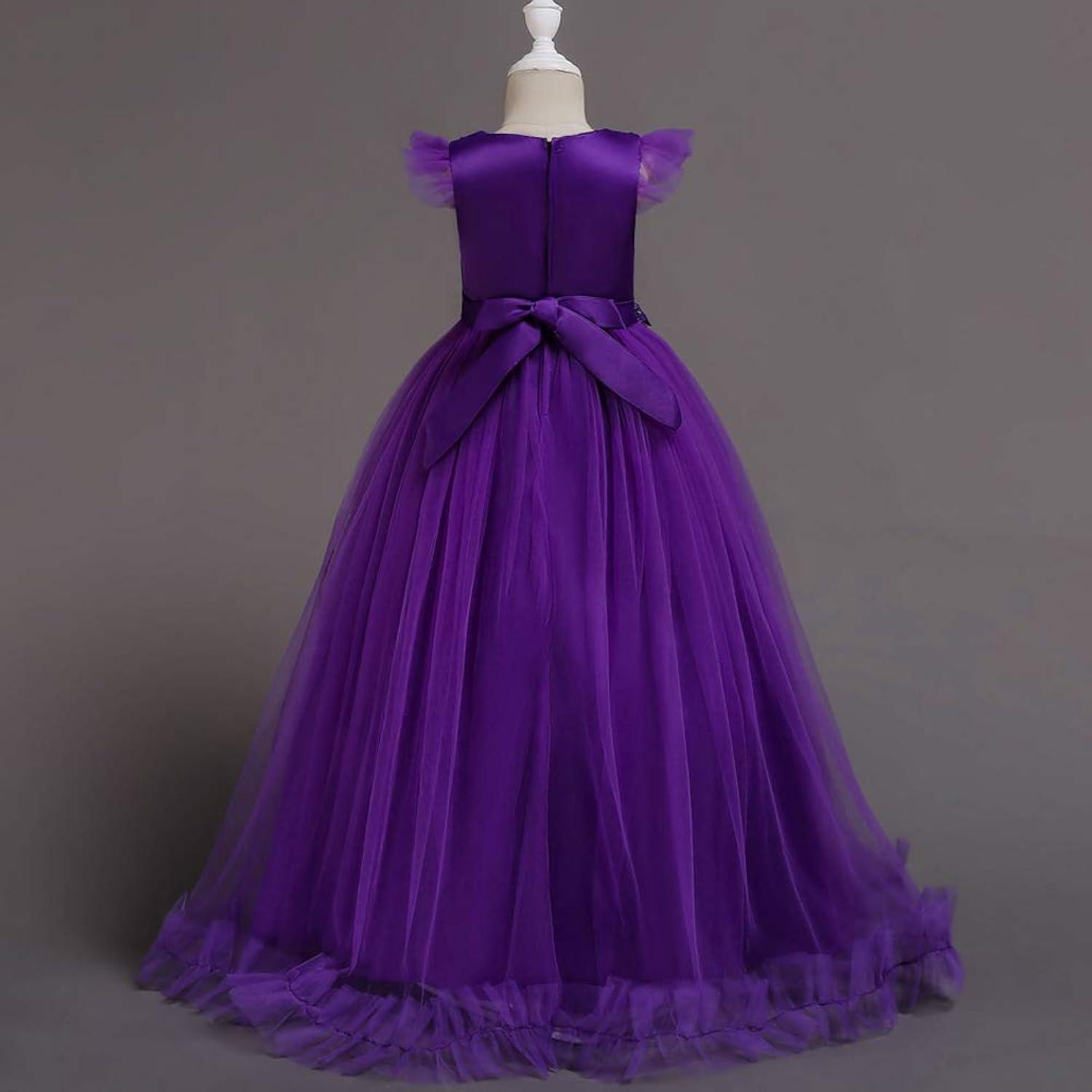 IBTOM CASTLE Vestidos de Desfile Bordados de Encaje Bohemio Floral de Princesa para Fiesta de Niños Boda Vestido Largo de Comunión Hinchado 11-12 Años Púrpura