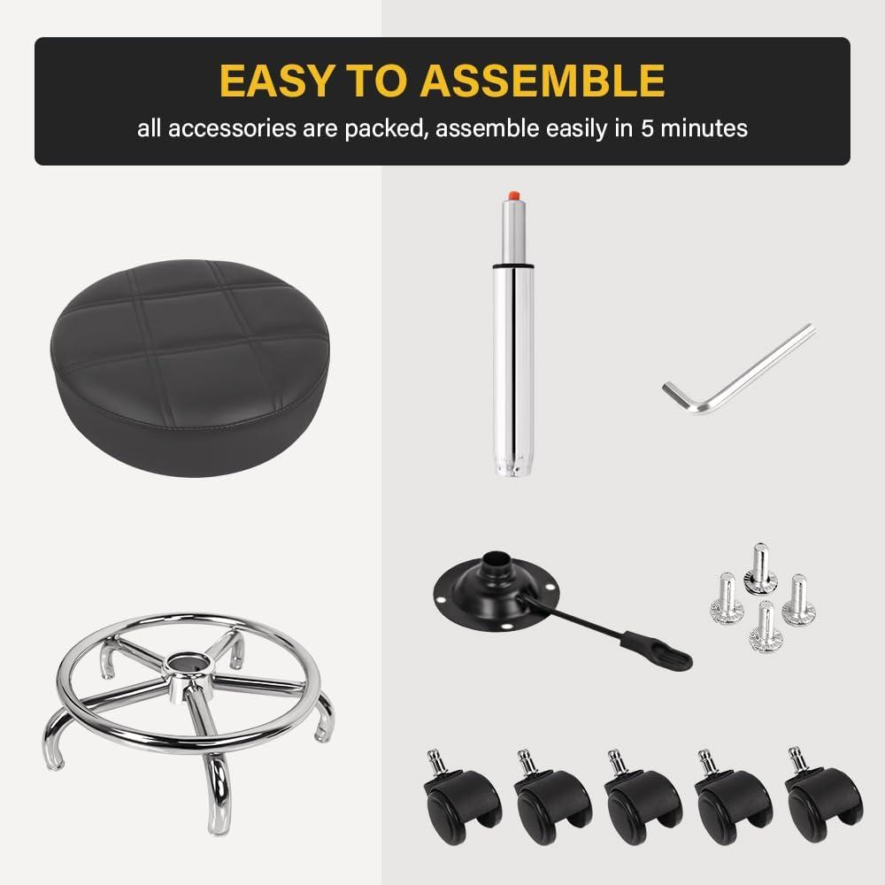 Round Rolling Stool with Footrest PU Leather Height Adjustable 360° Swivel Stool with Wheels Office Stool Chair Home Drafting Work Studio Shop SPA Salon Small (Grey)