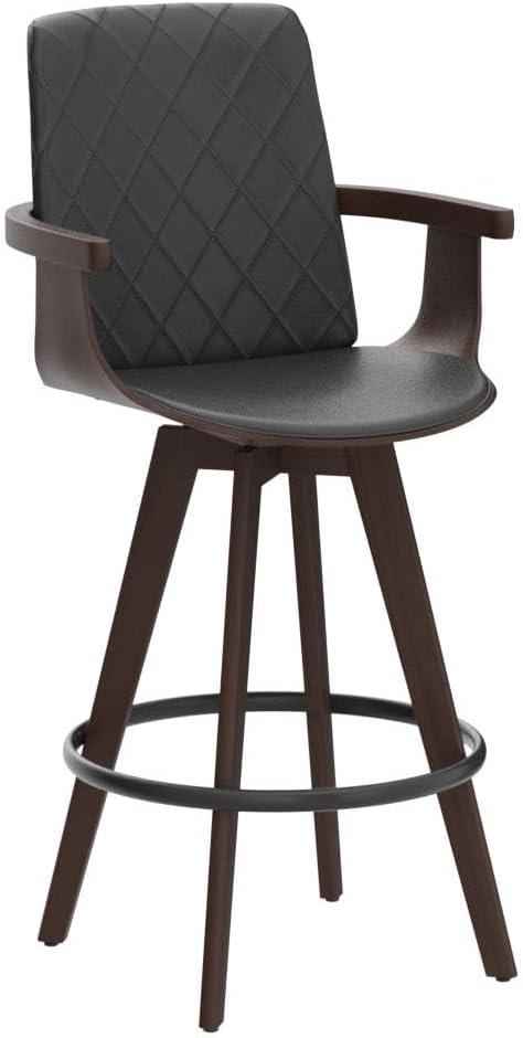 Black Faux Leather Swivel Bar Stools with Wooden Arms and Legs, Set of 2