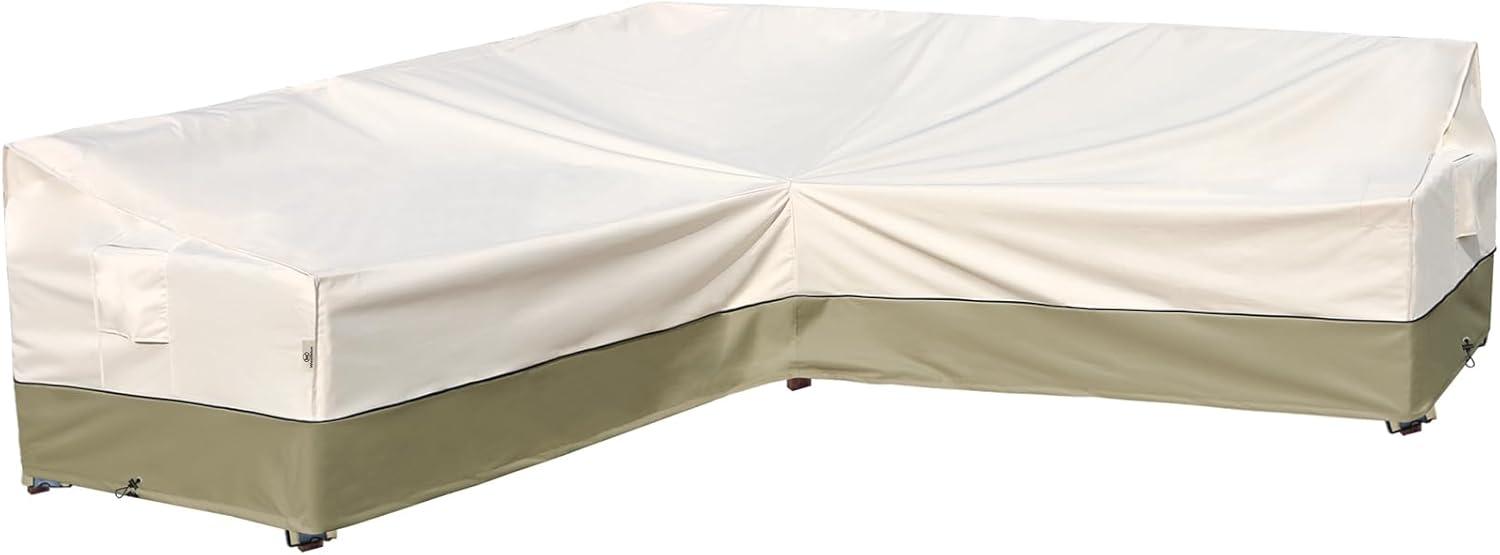 Outdoor Sectional Cover-V-Shaped Garden Patio Furniture Covers Waterproof Rip-Stop Anti-UV 600D Heavy Duty Outdoor Couch Cover with 3 Air Vents Sofa Cover 85''L 33.5''D 31''H,Beige & Reddish Brown