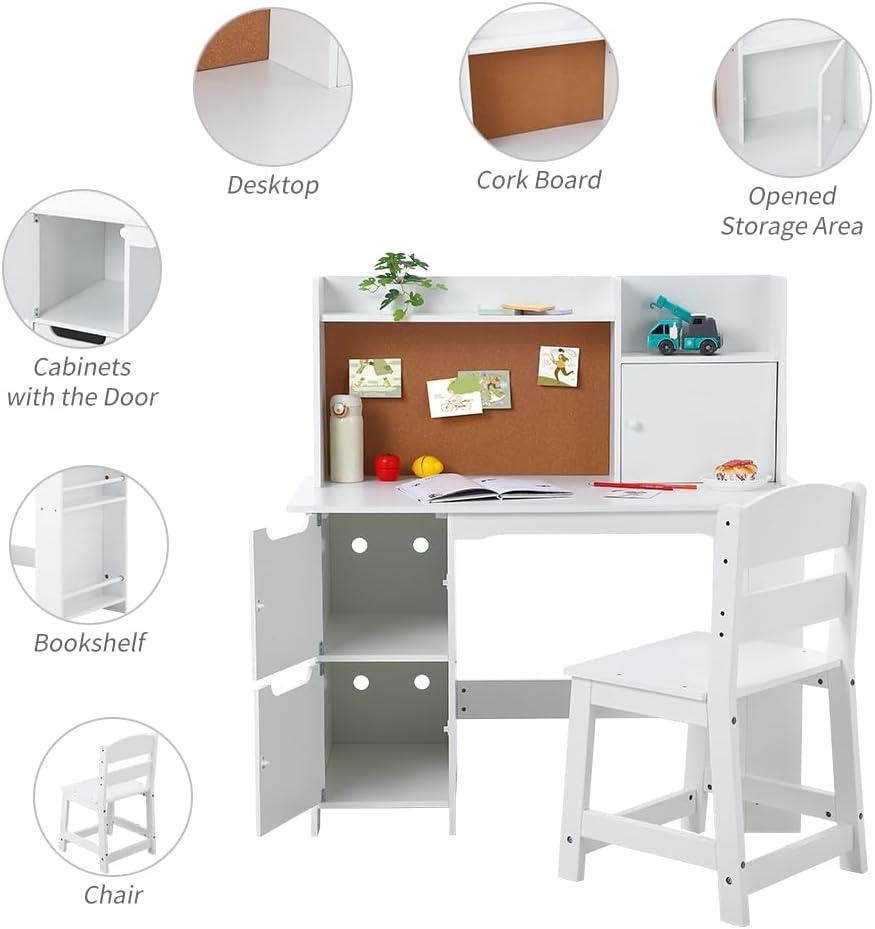 Soonbuy Kids Desk, Wooden Study Desk and Chair Set for Children, Writing Desk with Storage for 3-8 Yrs Boys Girls,White