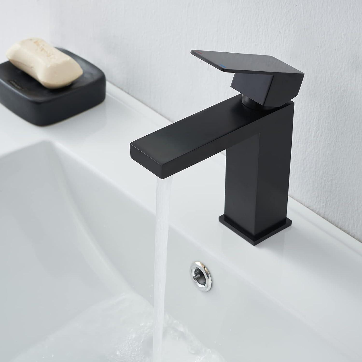 Matte Black Single Handle Bathroom Sink Faucet, Stainless Steel Bathroom Faucet with cUPC Certified Water Supply Hoses, Commercial Vanity Faucet Modern Single Hole RV Bathroom Faucets