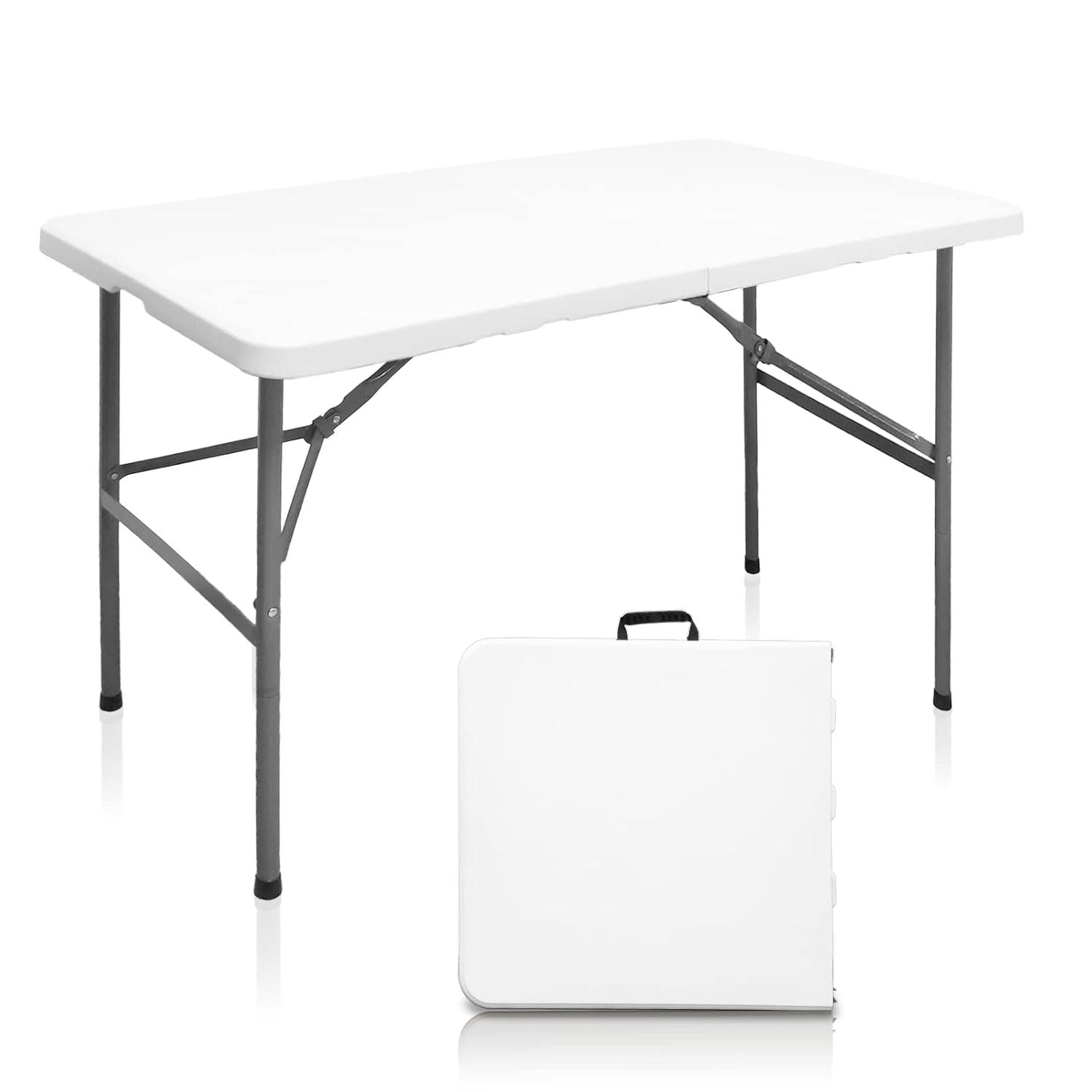 4 ft Portable Folding Table, Idustrial Heavy-Duty Foldable Table, HDPE Plastic Table, with Carrying Handle, Locks, Stright Legs for Indoor & Outdoor Party, Barbeque, Camping, Board Games - White