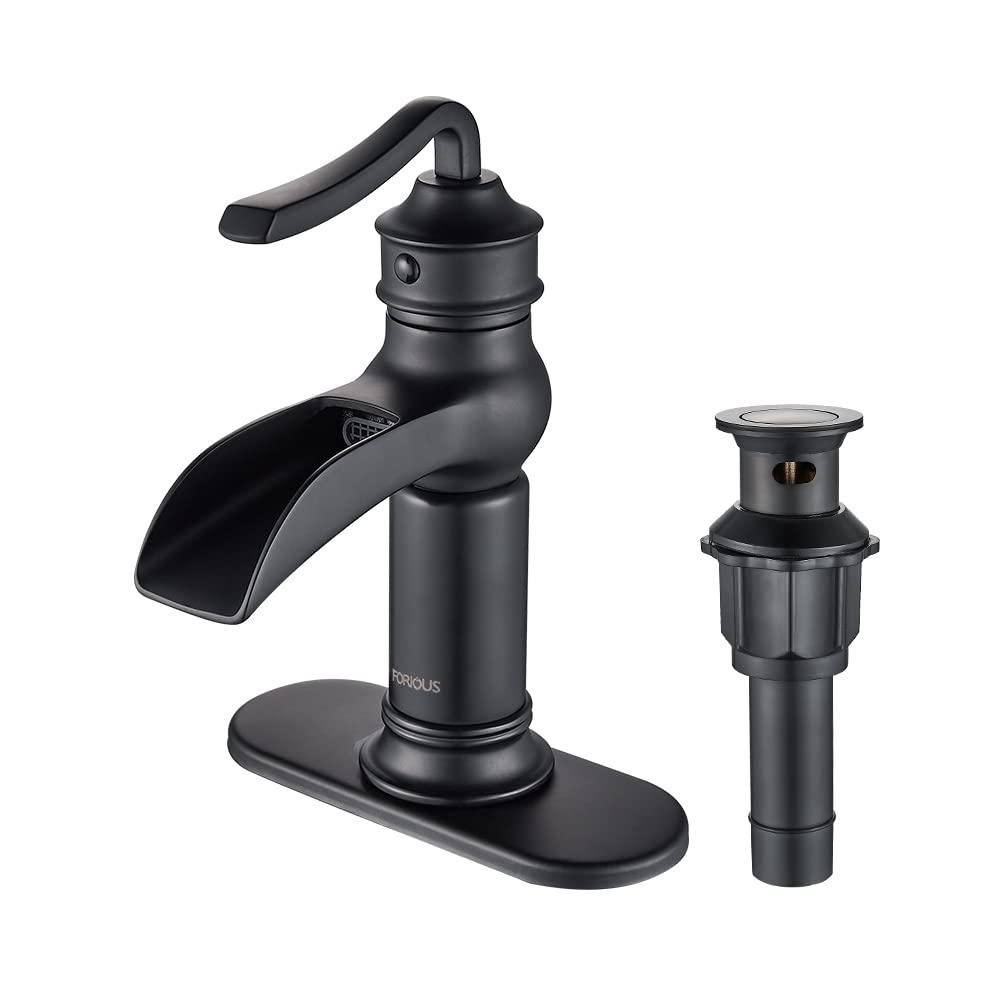 FORIOUS Black Waterfall Bathroom Faucet, Single Handle Antique Bathroom Sink Faucet with Deck Plate, Lead-Free CUPC Hose and Metal Pop-up Drain for 1 Hole or 3 Hole Farmhouse, Lavatory, Vanity