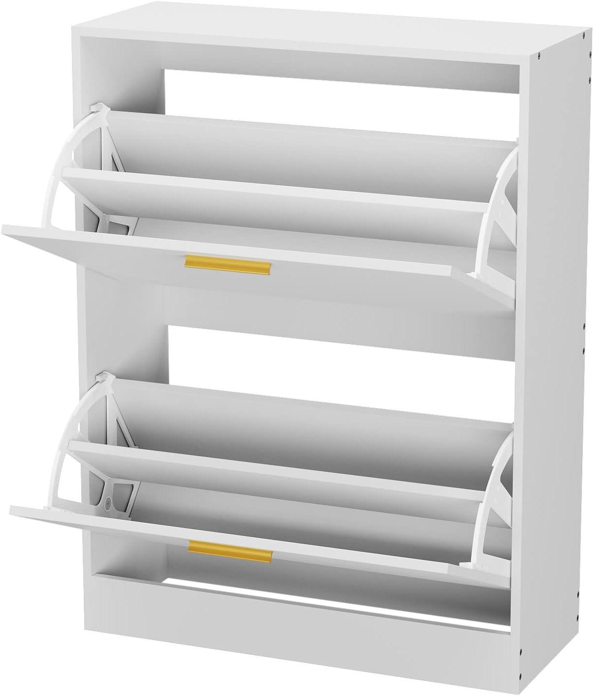 Shoe Cabinet Storage for Entryway  Freestanding Slim Shoe Organizer Cabinet with 2 Flip Drawers  Narrow Shoe Rack with Open Shelves for Hallway  Living Room  White