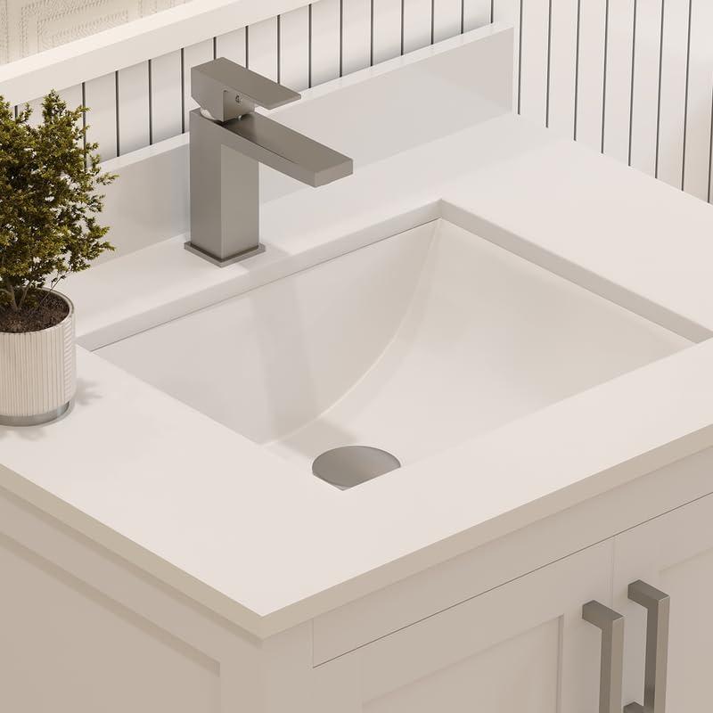 Ayna Decors Rooh 24 in White Bathroom Vanity Set with White Quartz Countertop | Ceramic Sink | 2 Soft Closing Doors | 1 Full Extention Soft Close Drawer | Brushed Nickel Hardware | AVR24WH3002