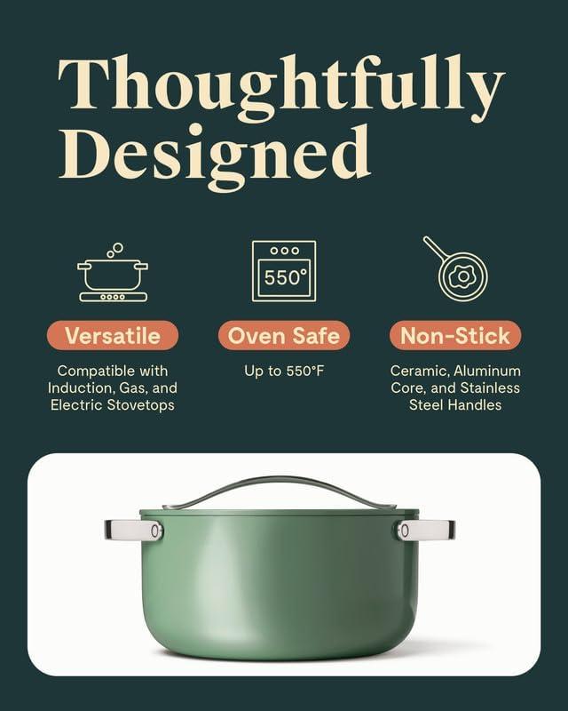 Caraway Home 6.5qt Dutch Oven with Lid Sage: Ceramic Nonstick Cookware, Stainless Steel Handle, Hand Wash
