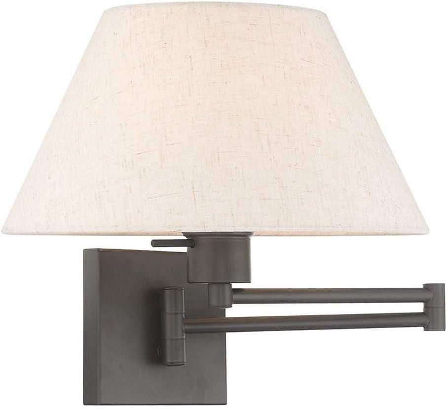 Bronze Finish Swing Arm Wall Lamp with Oatmeal Fabric Shade