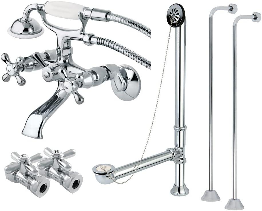 Kingston Brass Vintage Two-Handle 2-Hole Tub Wall Mount Clawfoot Tub Faucet Package with Supply Line, Hand Shower and Tub Drain