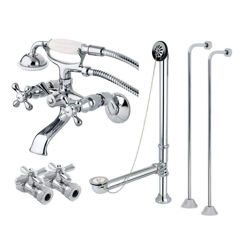 Kingston Brass Vintage Two-Handle 2-Hole Tub Wall Mount Clawfoot Tub Faucet Package with Supply Line, Hand Shower and Tub Drain