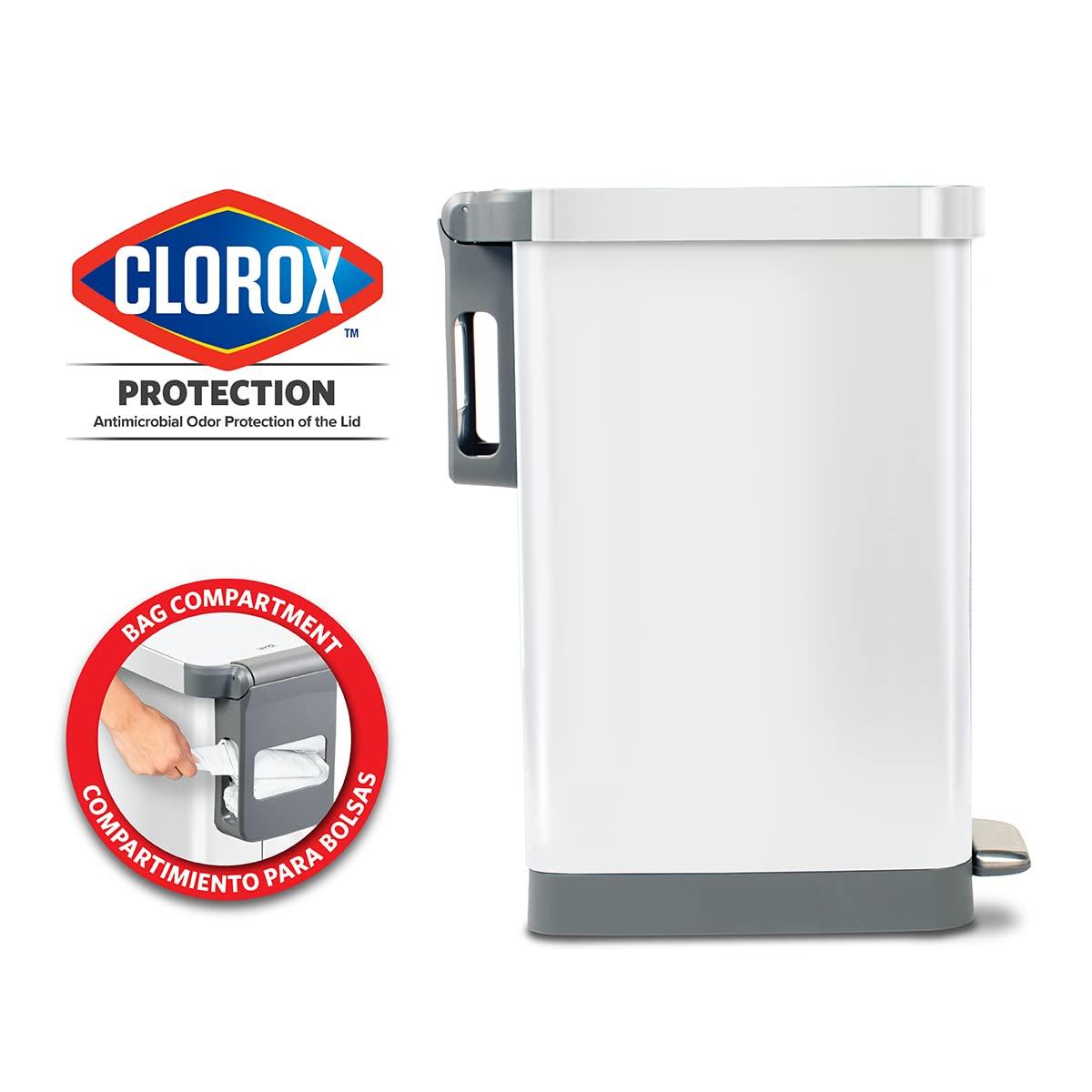 Glad Slim Trash Can with Clorox Odor Protection - Narrow Kitchen Garbage Bin with Soft Close Lid, Step On Foot Pedal and Waste Bag Roll Holder, White Stainless Steel, 45 Liter