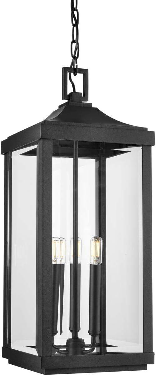 Progress Lighting Gibbes Street 3-Light Outdoor Hanging Lantern, Antique Bronze, Etched White Pillar Shade