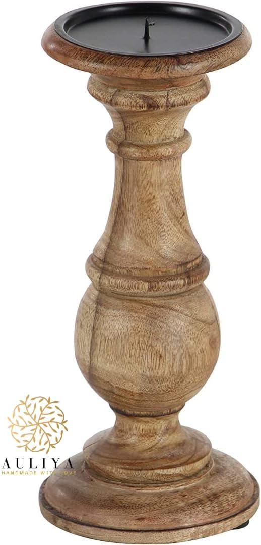 AULIYA Wooden Candle Holders Pillar Candles Holder Rustic Wood Stand Decorative Polish Candlestick Set of 3 for Home Decor - 6" 8" 10" Silver