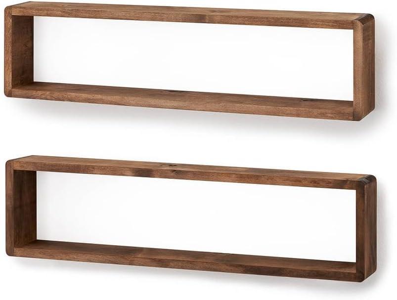Stackable Floating Shelves, Farmhouse Style Decorative Box Bookshelves for Bedroom, Living Room, and More, Solid Wood, 8" H x 32" W x 4.00" D, Walnut Finish, 2-Pack
