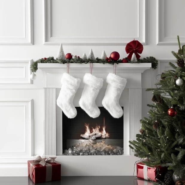 Snowy White Faux Fur Christmas Stockings with Cable Knit, 18 Inch, Set of 3