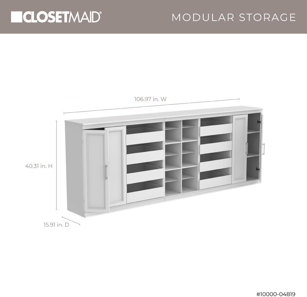 White Modular Storage System with Drawers and Shelves, 107" Wide